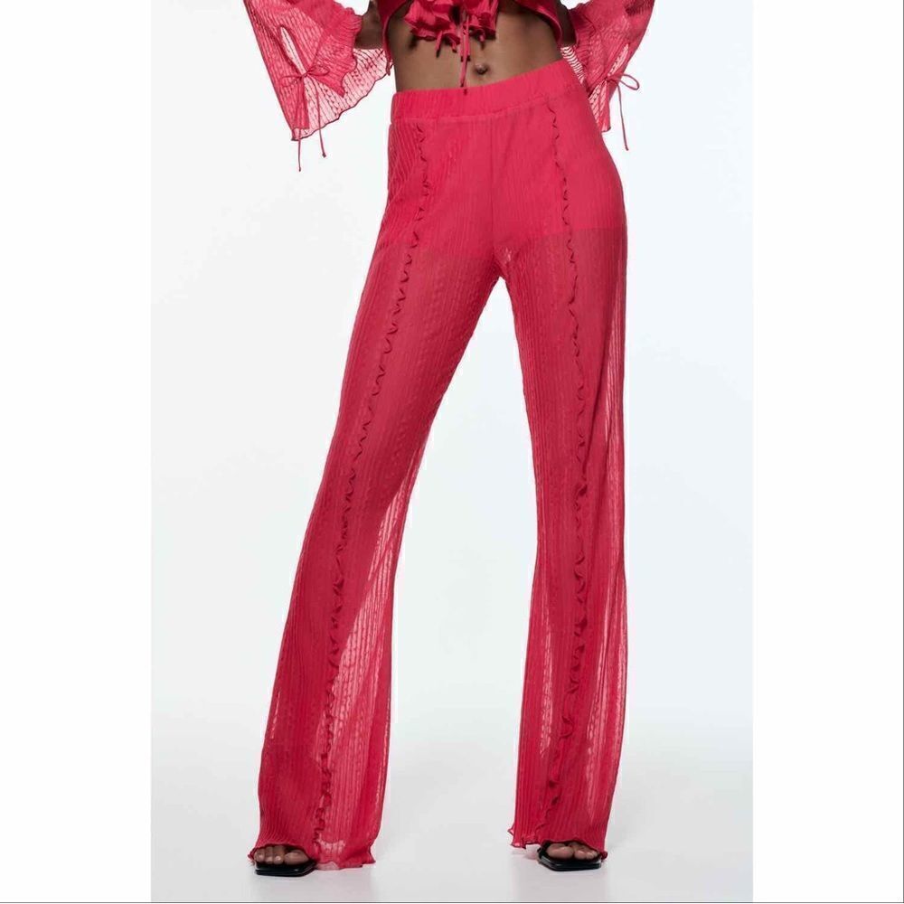 Zara Sheer Pleated Ruffle Wide Leg Pull On Pants Pink Medium Flare Naked